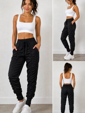 Agogie Black Ruched Joggers High Waist Athletic Scrunch Leggings Pants size PL